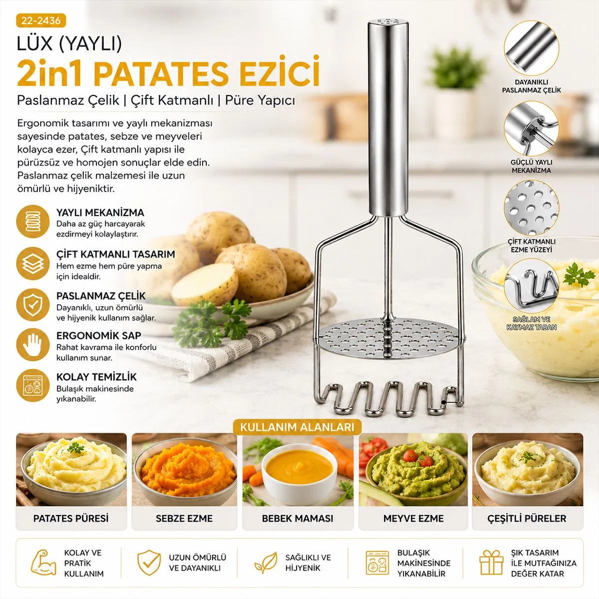 Yaylı 2-in-1 Patates Ezici görsel 3