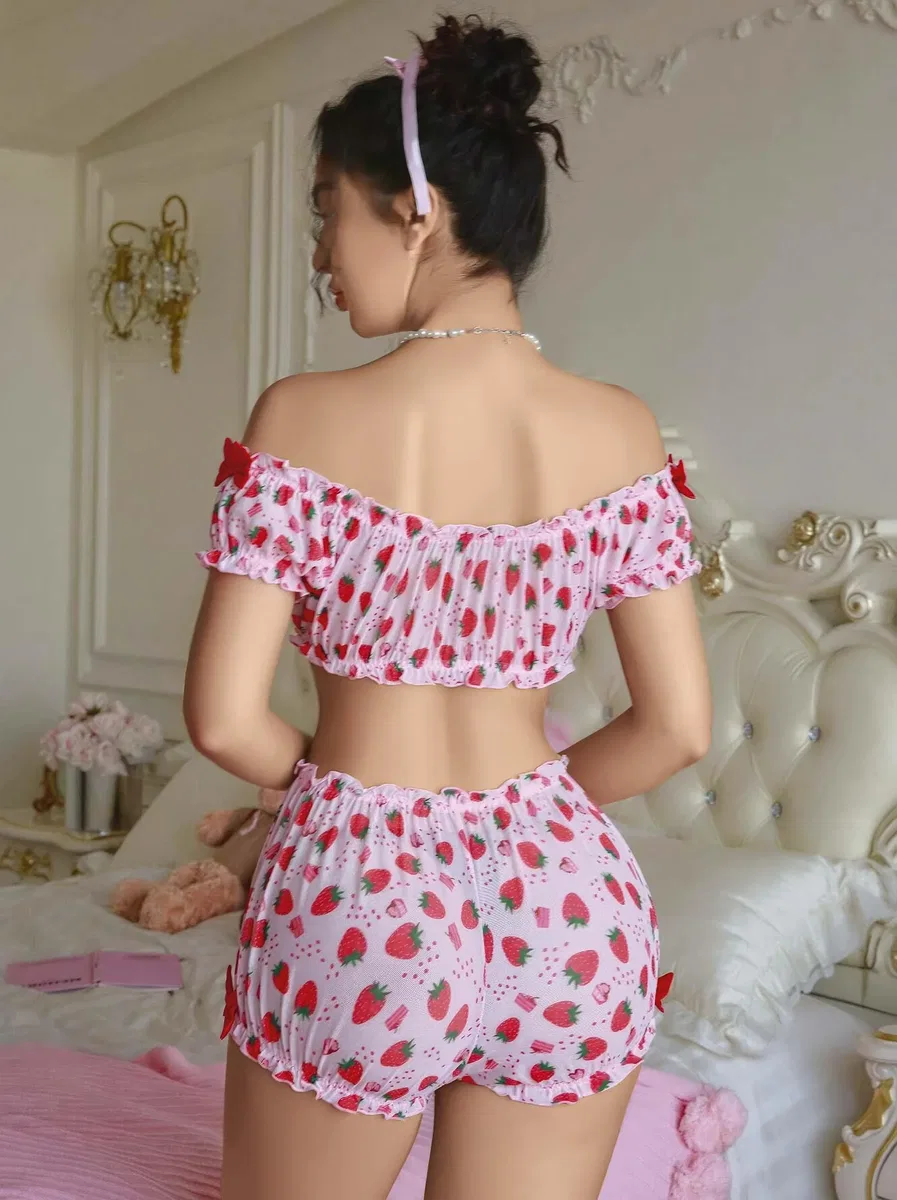 Kadın Pembe Çilek Desenli Şort takım 2156 görsel 3