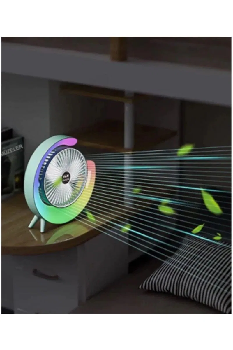 Masaüstü Vantilatör Usb Şarjlı Rgb Led Işıklı 3 Kademeli 180° Ayarlanabilir Soğutucu Fan Pembe görsel 8
