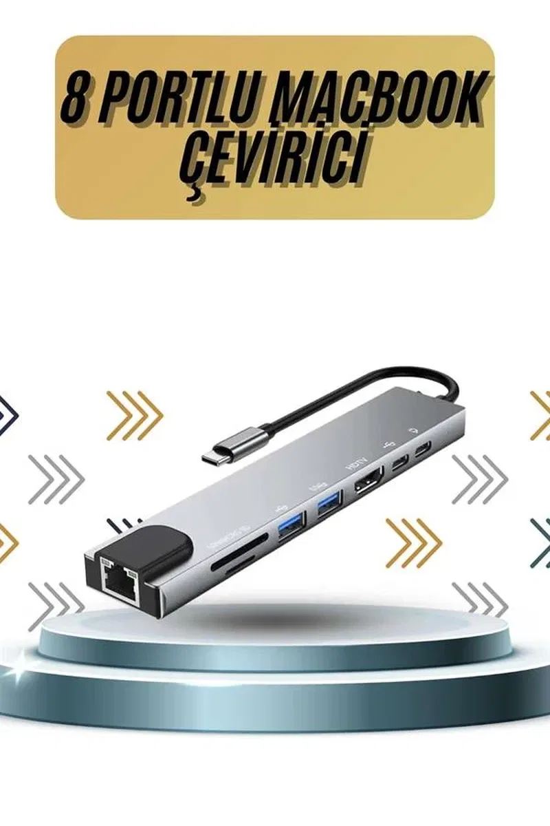 8 Portlu Macbook Çevirici Type C Hub SD TF USB Çoğaltıcı Ethernet görsel 2