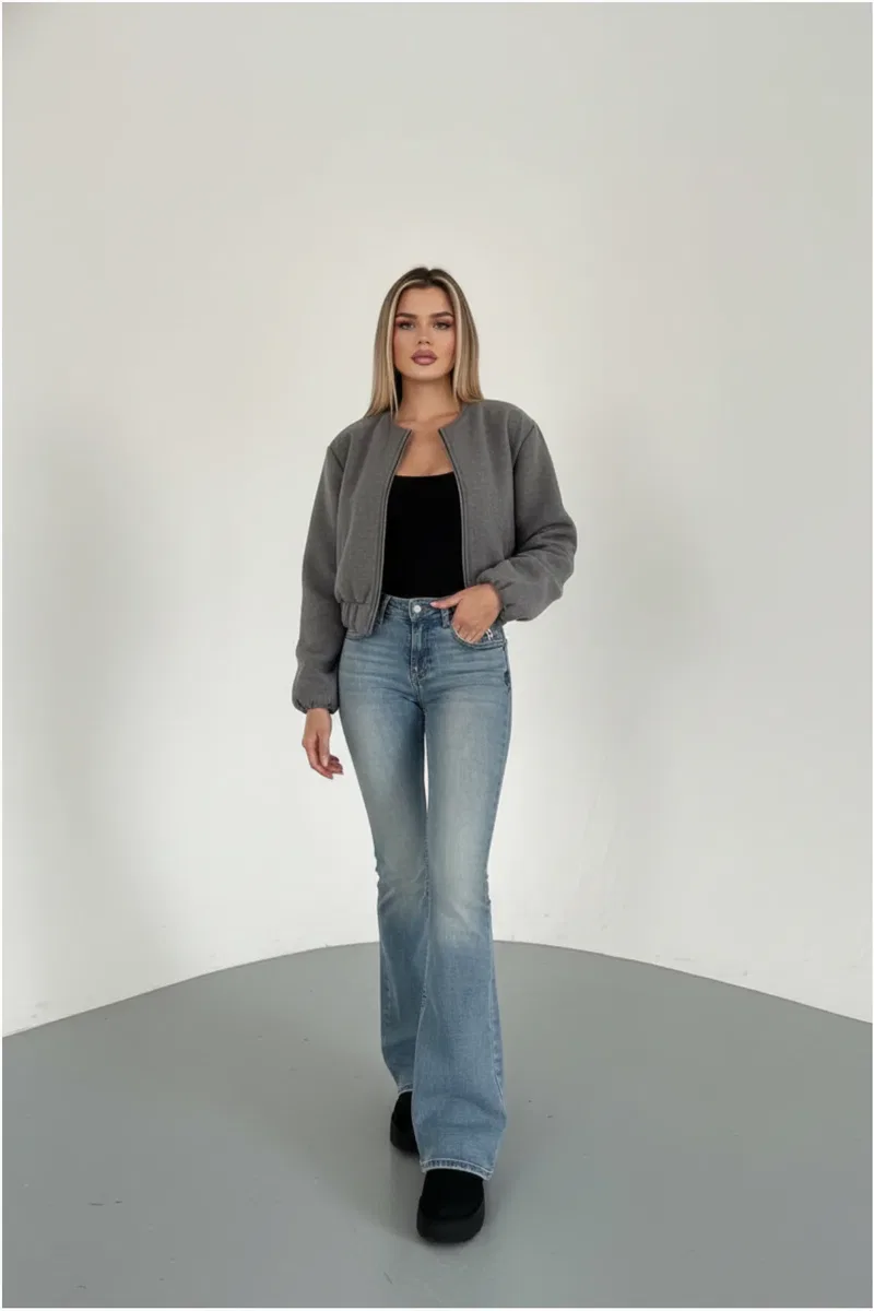 Kadın Şık Koyu Gri Basic Fermuarlı Crop Bomber Ceket