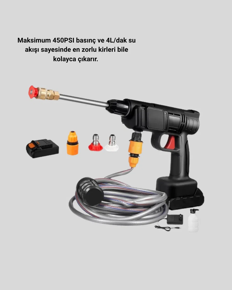 Kablosuz Basınçlı Yıkama Makinesi – 48V Güçlü Motor, 2 Pil ve Köpük Hazneli görsel 3