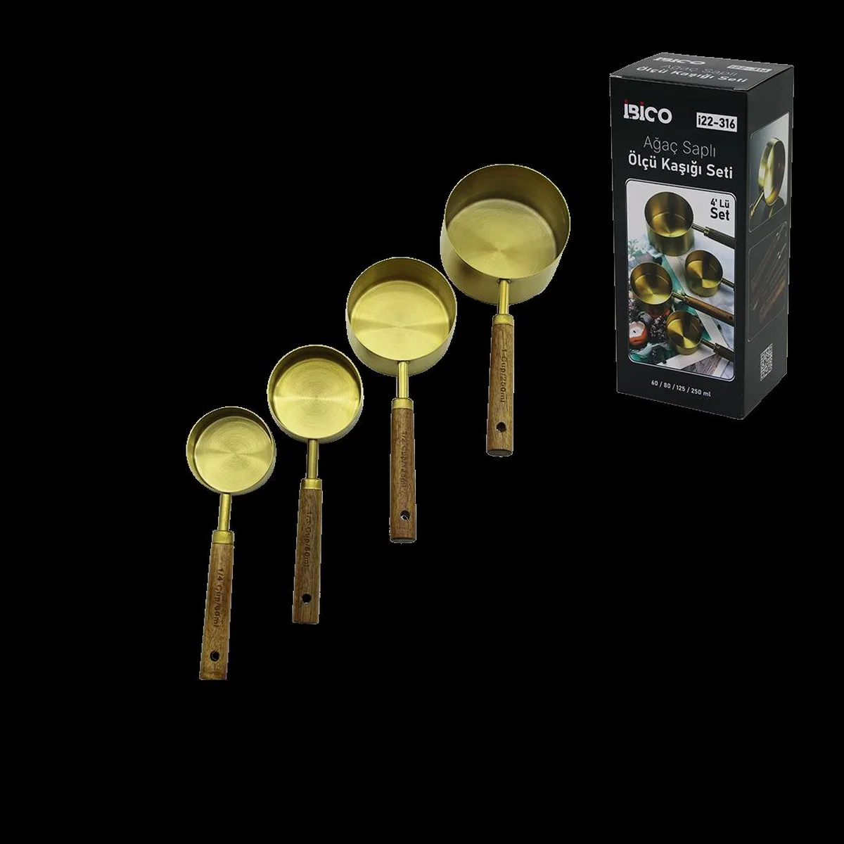 4'lü ölçü kaşık seti (250/125/80/60 ml) - gold metal ahşap saplı görsel 2