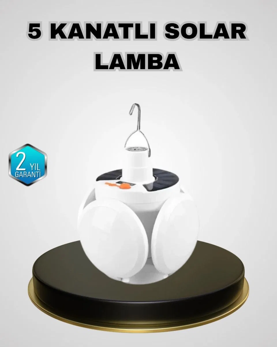 5 Kanatlı Solar Kamp Lambası – Usb Şarjlı, Taşınabilir, Ip65 Su Geçirmez Bahçe Lambası