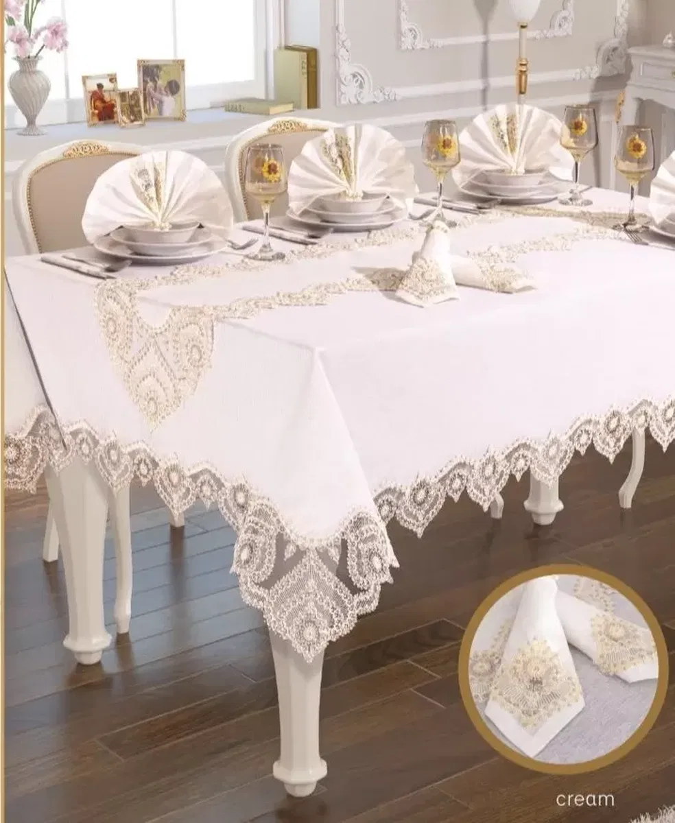 Kartanesi Gardenya Keten Yemek Takımı Masa Seti 12 Kişilik 26 Parça 160 × 220 cm Runner Set Krem görsel 4