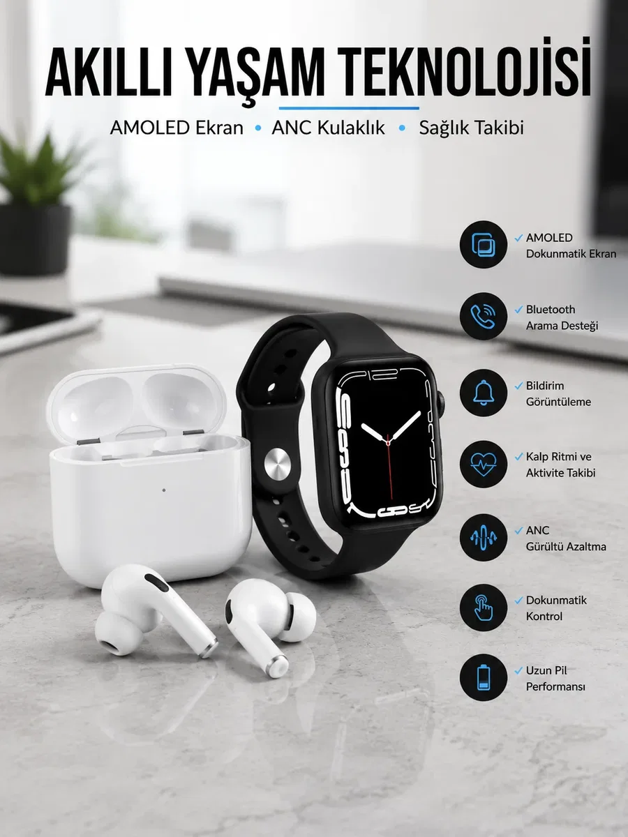 2025 Model Akıllı Saat ve Yeni Nesil Pro Bluetooth Kulaklık TWS Yüksek Ses Kaliteli