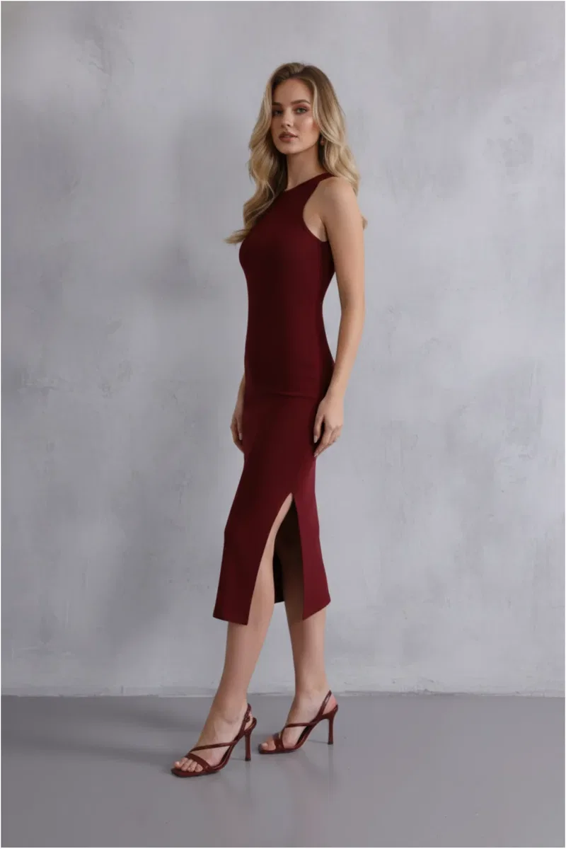 Kadın Şık Bordo Halter Yaka Yırtmaçlı Pamuklu Fitilli Likralı Kaşkorse Slim Fit Midi Elbise görsel 2
