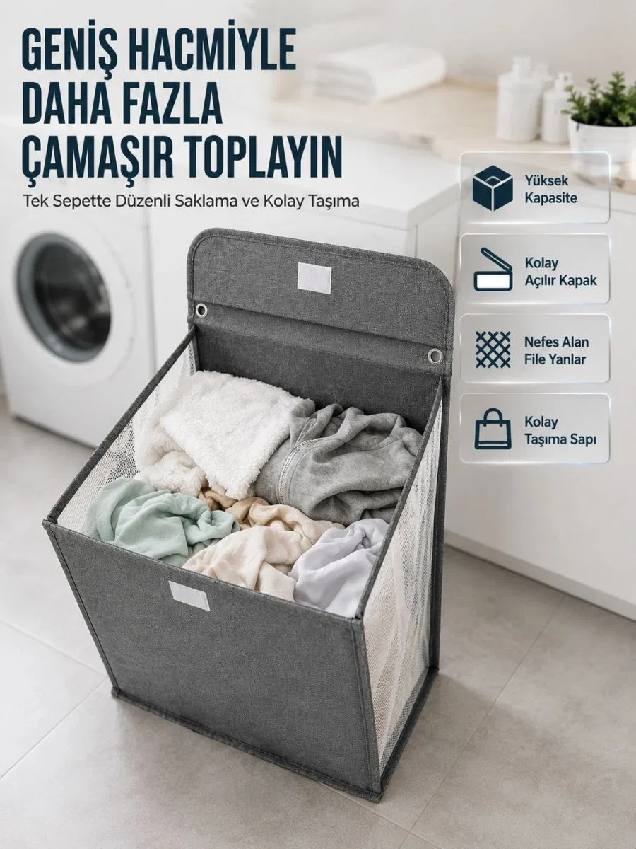 Modern Tasarımlı Duvara Monte Kirli Çamaşır Sepeti Pratik Saklama Çözümü
