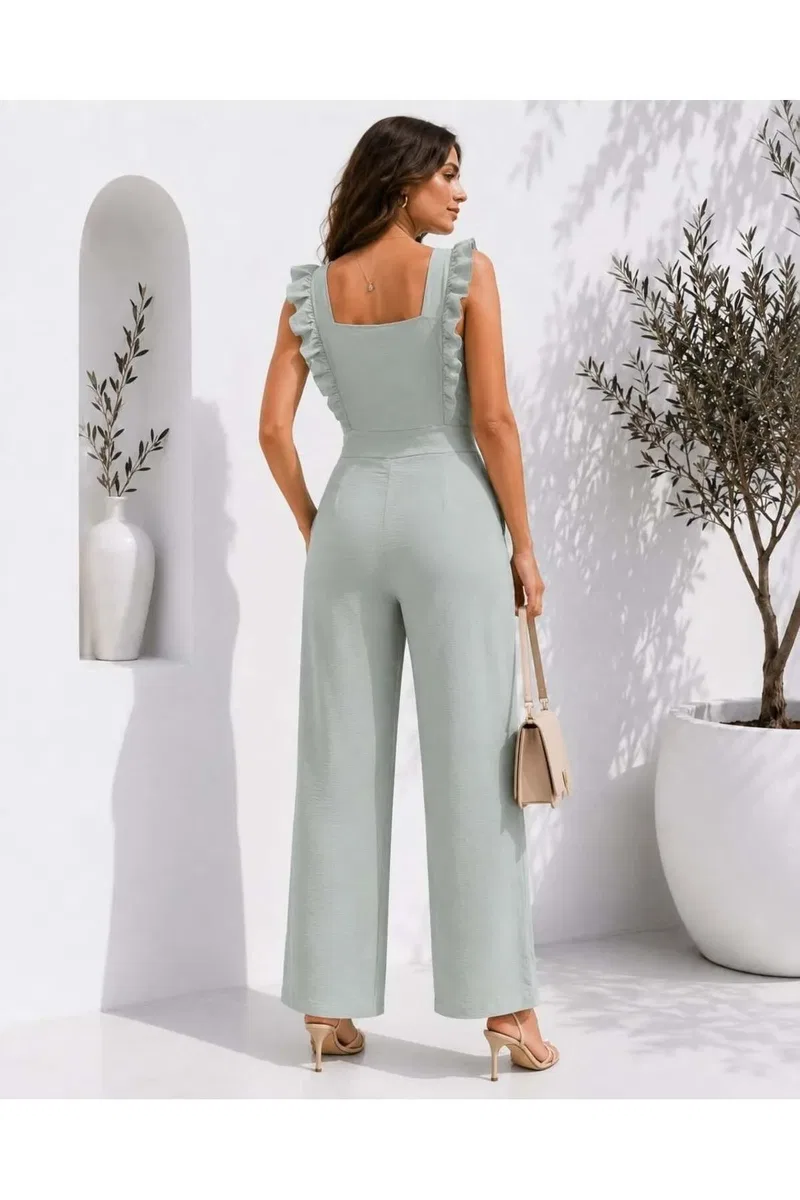 Kadın İnce Kare Yaka Kolsuz Renkli Wide Leg Tulum görsel 3
