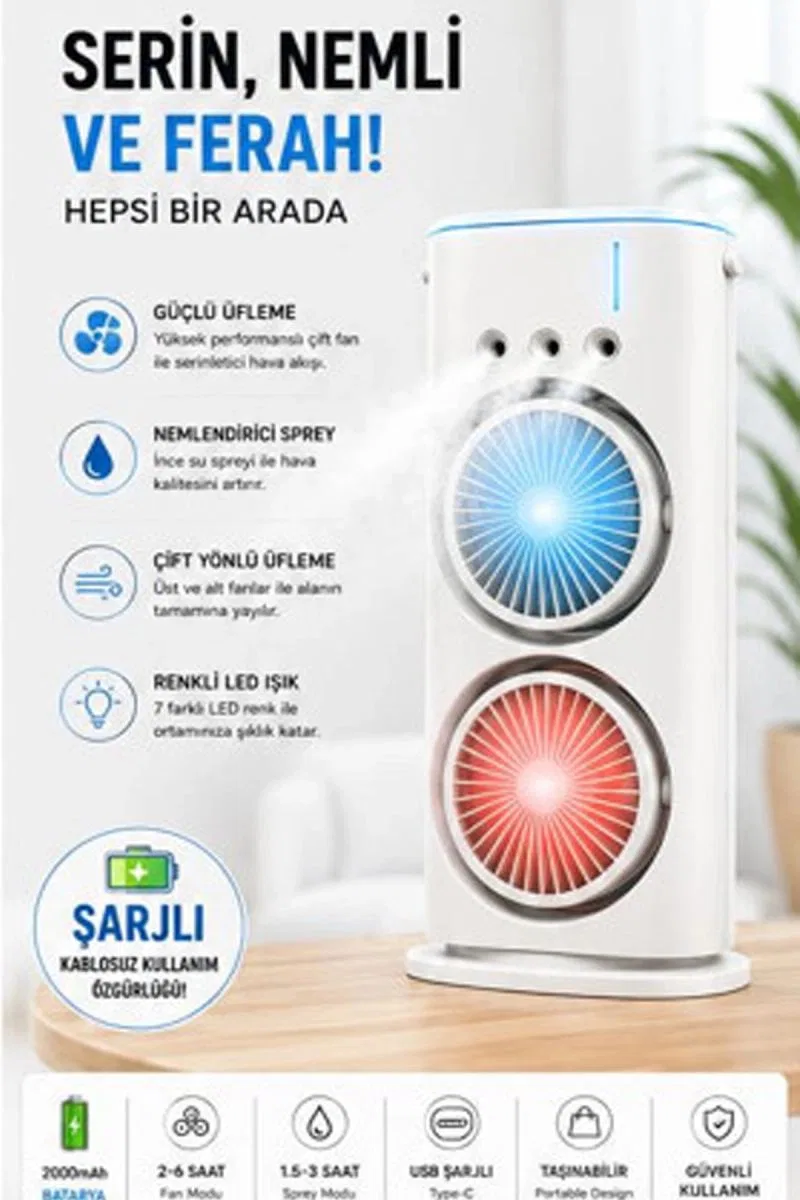Çift Başlıklı Sprey Fan Nemlendirici Ve Renkli Led Işıklı Beyaz görsel 3