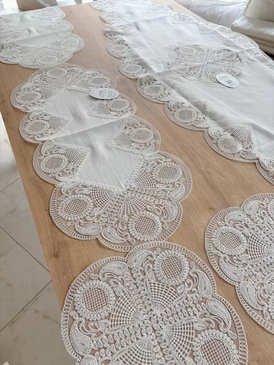 Salon Takımı Çeyizlik Krem Runner Set 5 Parça Keten Ranır Masa Sehpa Konsol Örtüsü Defne görsel 5