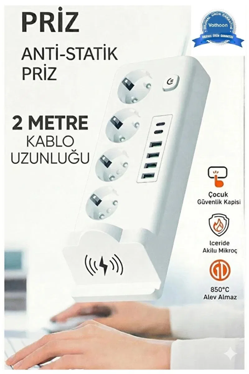 Akım Korumalı Priz Ve Masaüstü Şarj İstasyonu Kablosuz 4 Priz, 4 Usb, 2 Type-c Girişli 2 Metre