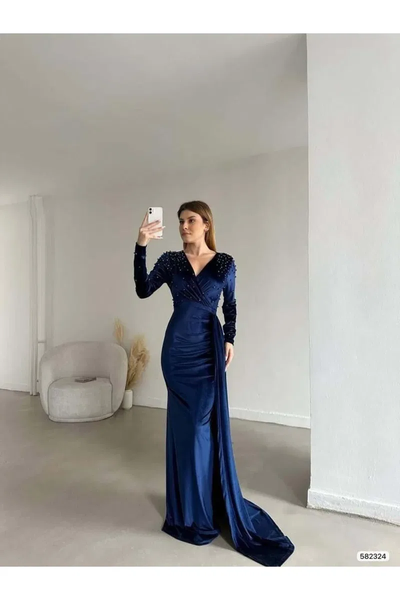 Kadın Şık Model V Yaka Uzun Kol Balık Kesim Abiye Elbise görsel 5