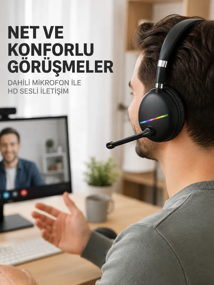 Bluetooth 5. 0 Kablosuz Kulak Üstü Kulaklık Mikrofonlu RGB Aydınlatmalı
