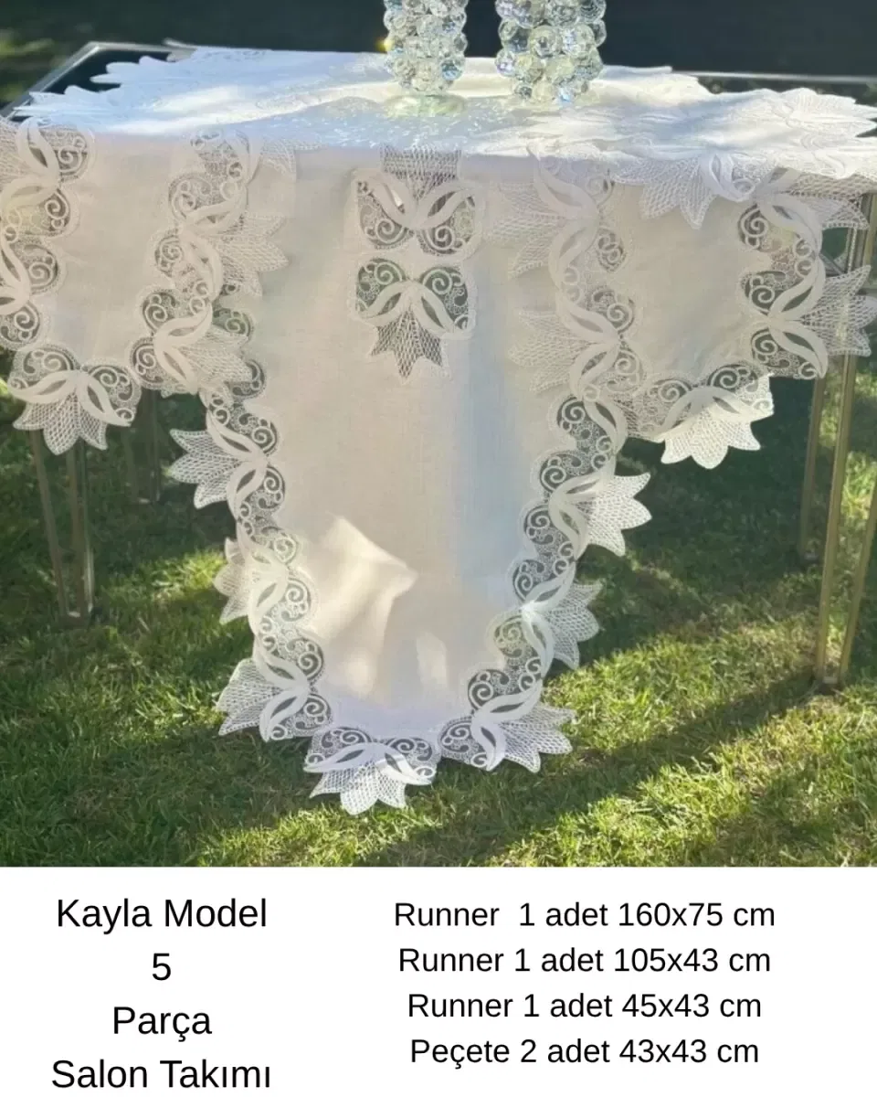 5 Parça Kayla Model Krem-Krem Keten Dantelli Runner Seti Salon Takımı görsel 8