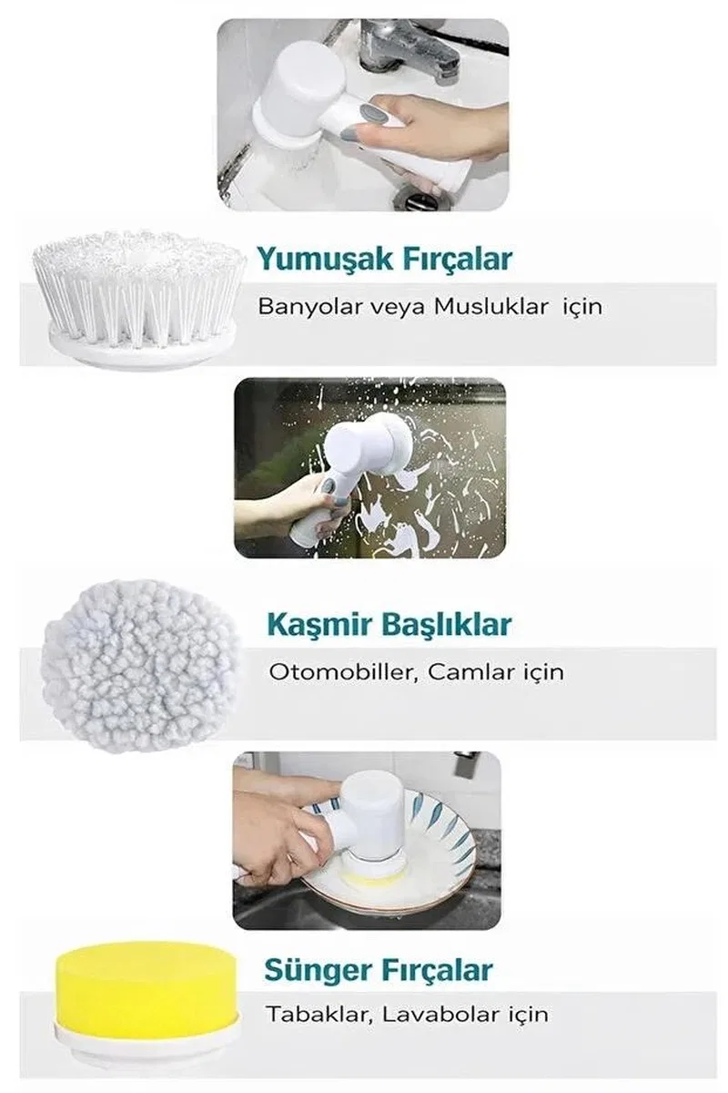 Şarjlı Elektrikli Temizlik Fırçası Mutfak Banyo Lavabo Ve Küvet İçin Çok Amaçlı Döner Fırça görsel 3