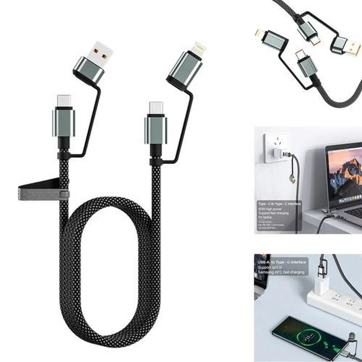 4’ü 1 Arada 100w Akıllı Tasarım Yüksek Dayanıklılık Çoklu Uyumlu Örgülü Hızlı Şarj Kablosu