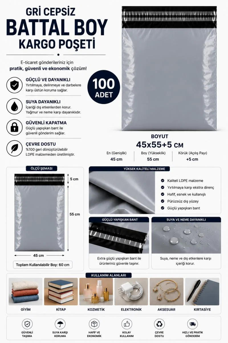 Gri Cepsiz Battal Boy Kargo Poşeti 45x55+5 Cm 100 Adet görsel 2