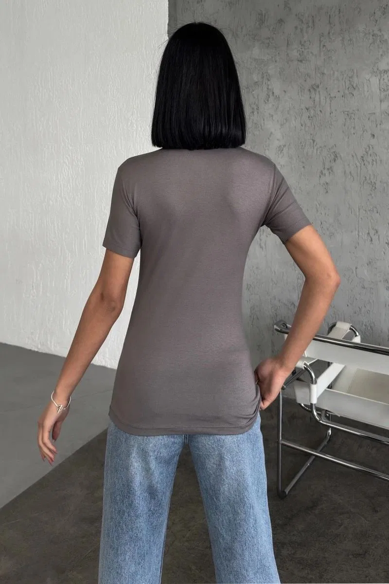 Rahat Ve Şık Kısa Kollu Bisiklet Yaka Likralı Viskon Penye Body Füme görsel 4