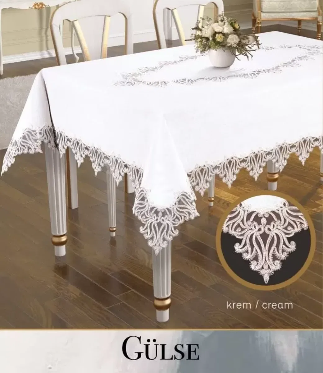 Keten Tek Masa Örtüsü Tablecloth 155x220 cm Dantelli Yemek Masası Örtüsü Gülse Model Krem