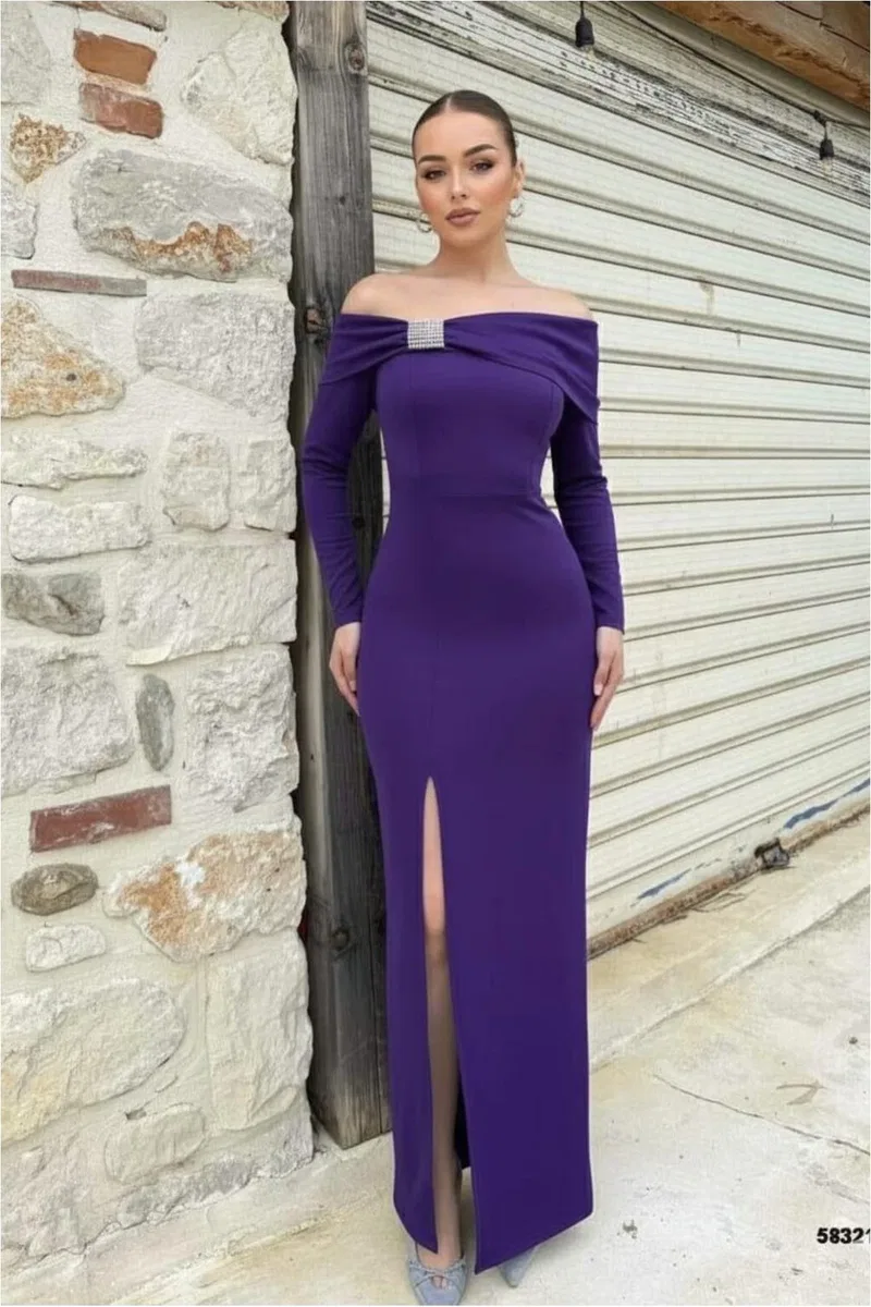 Esnek Elbise Detaylı Straplez Abiye Krep Kumaş Taş