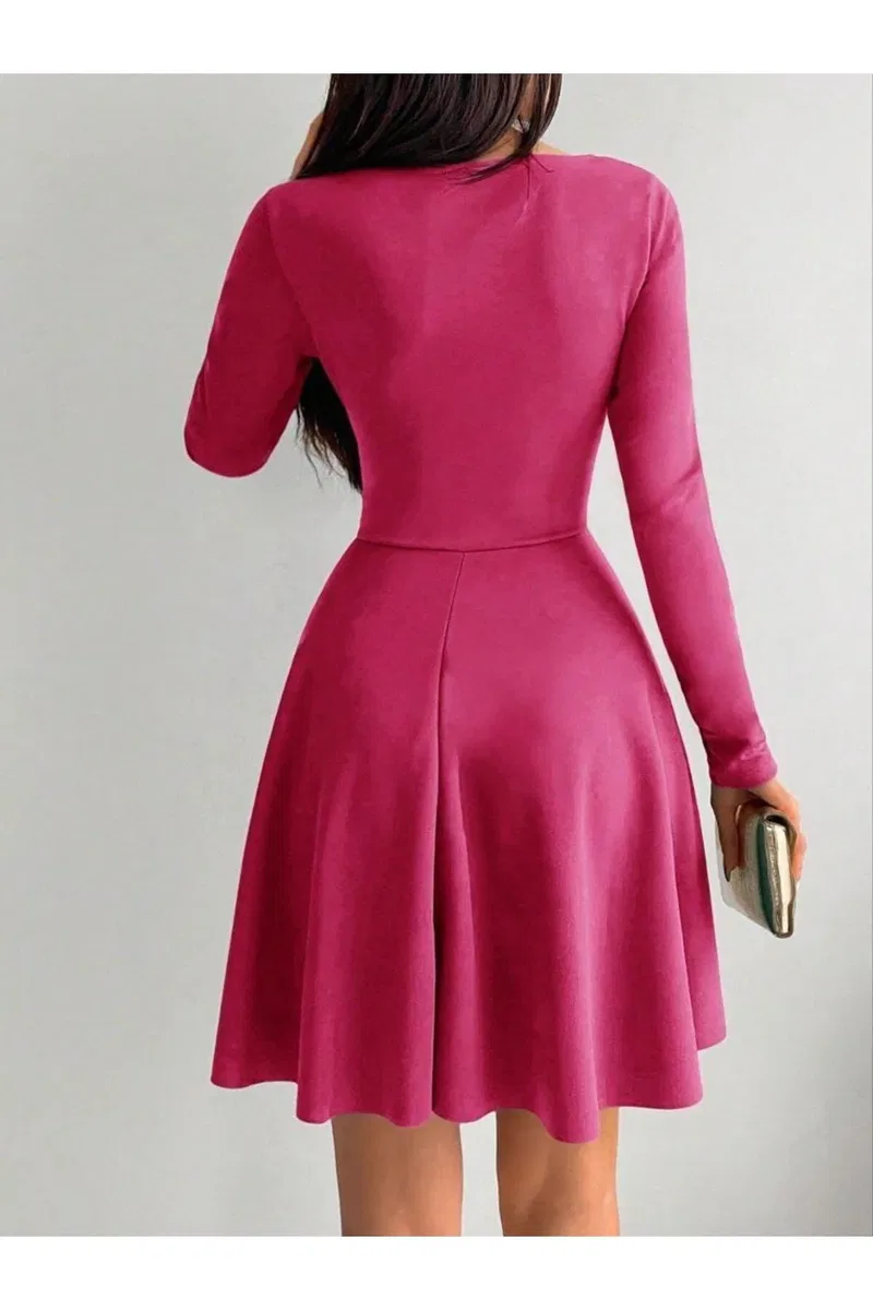 Kadın Modern Stil Kruvaze Uzun Kol Krep Kumaş Kloş Abiye Elbise görsel 8
