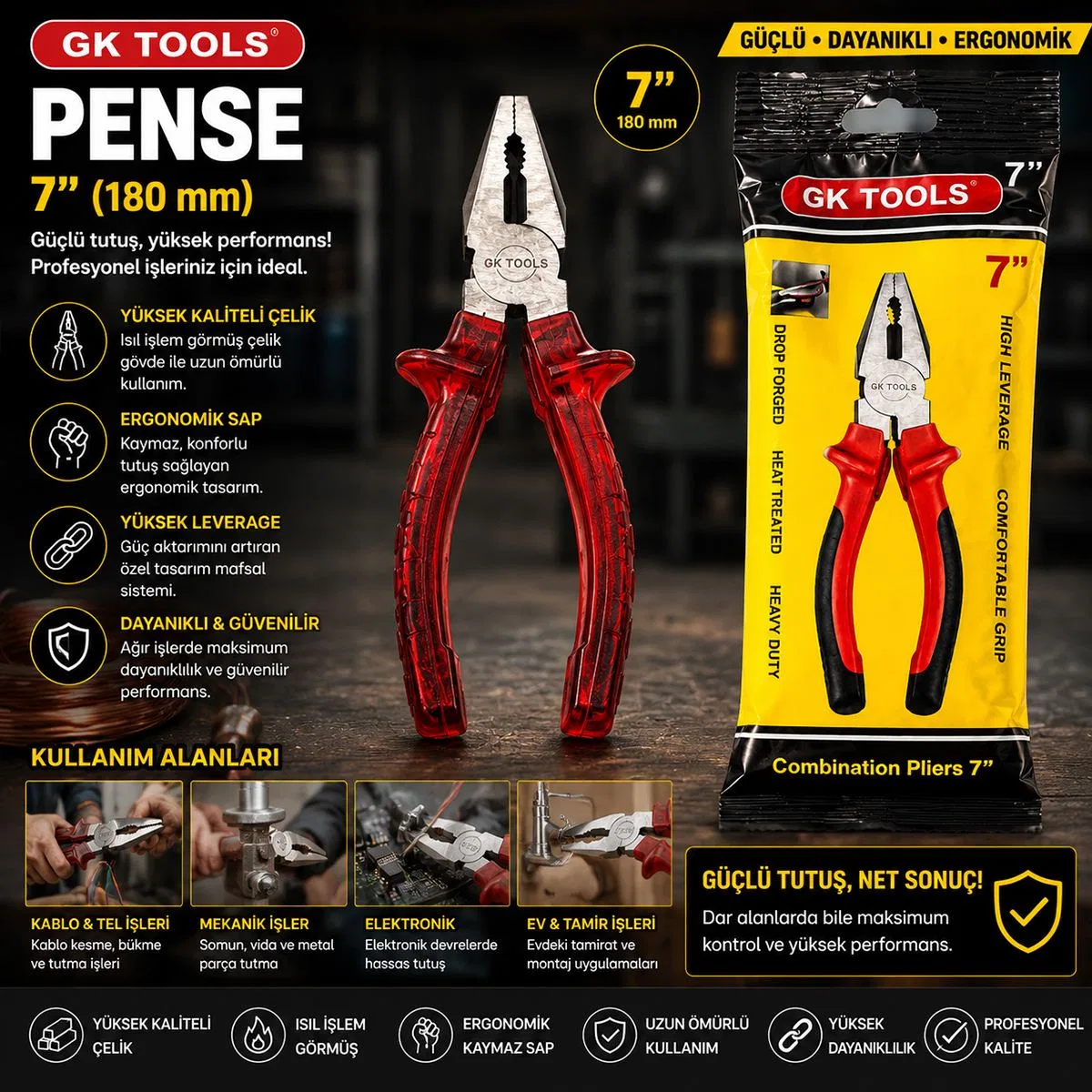 Saplı Pense 180 mm (7") Kırmızı Şeffaf görsel 3