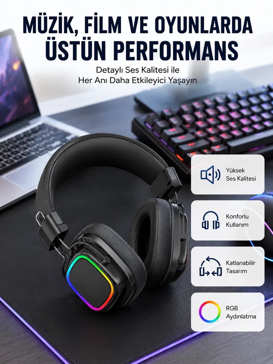 RGB Işıklı Katlanabilir Bluetooth 5. 3 Kulak Üstü Kulaklık