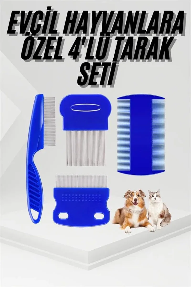 4'lü Bit Pire Tarağı Set Kedi Köpek Evcil Hayvan Tüy Toplayıcı Mavi görsel 2