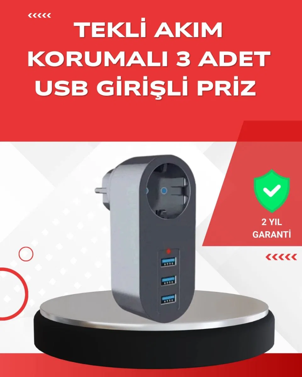 2500w Güç Destekli Akım Korumalı Priz – 3 Usb Çıkışlı