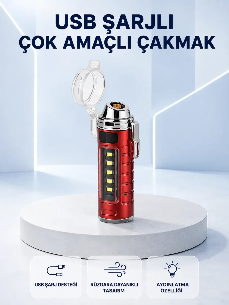 USB Şarjlı Rüzgar Geçirmez Elektrikli Çakmak El Fenerli