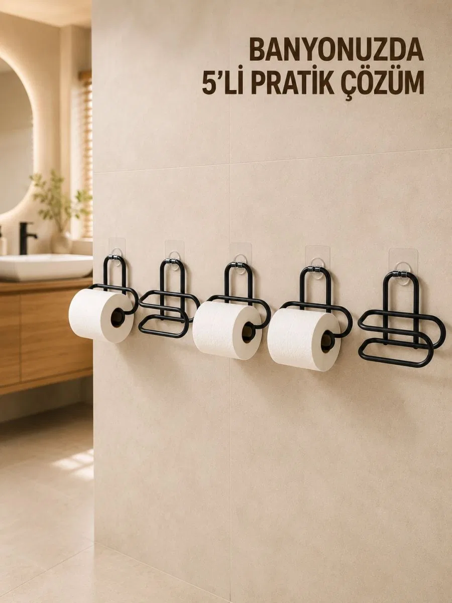 5 Adet Duvara Yapışkanlı Wc Kağıtlık Delmeden Montaj Siyah Metal Tuvalet Kağıdı Askısı