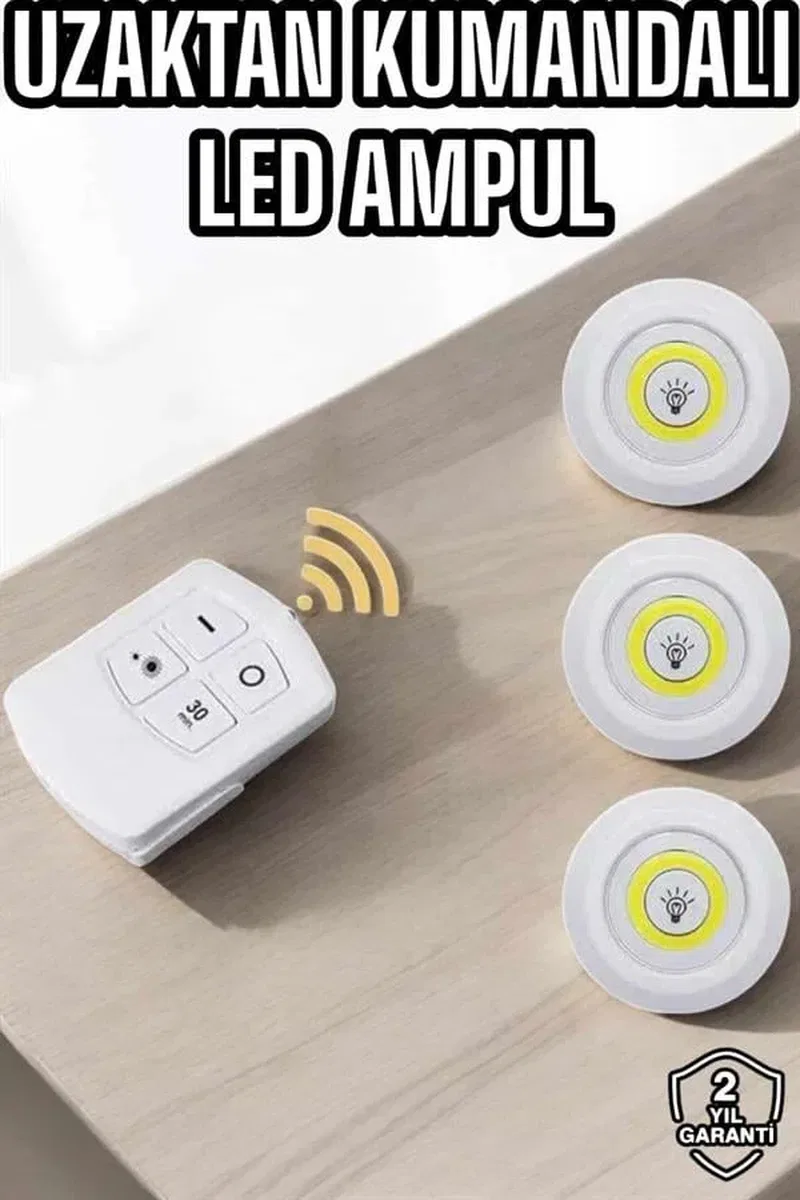 Led Lamba 3'lü Uzaktan Kumandalı Yapışkanlı Beyaz Işık görsel 2