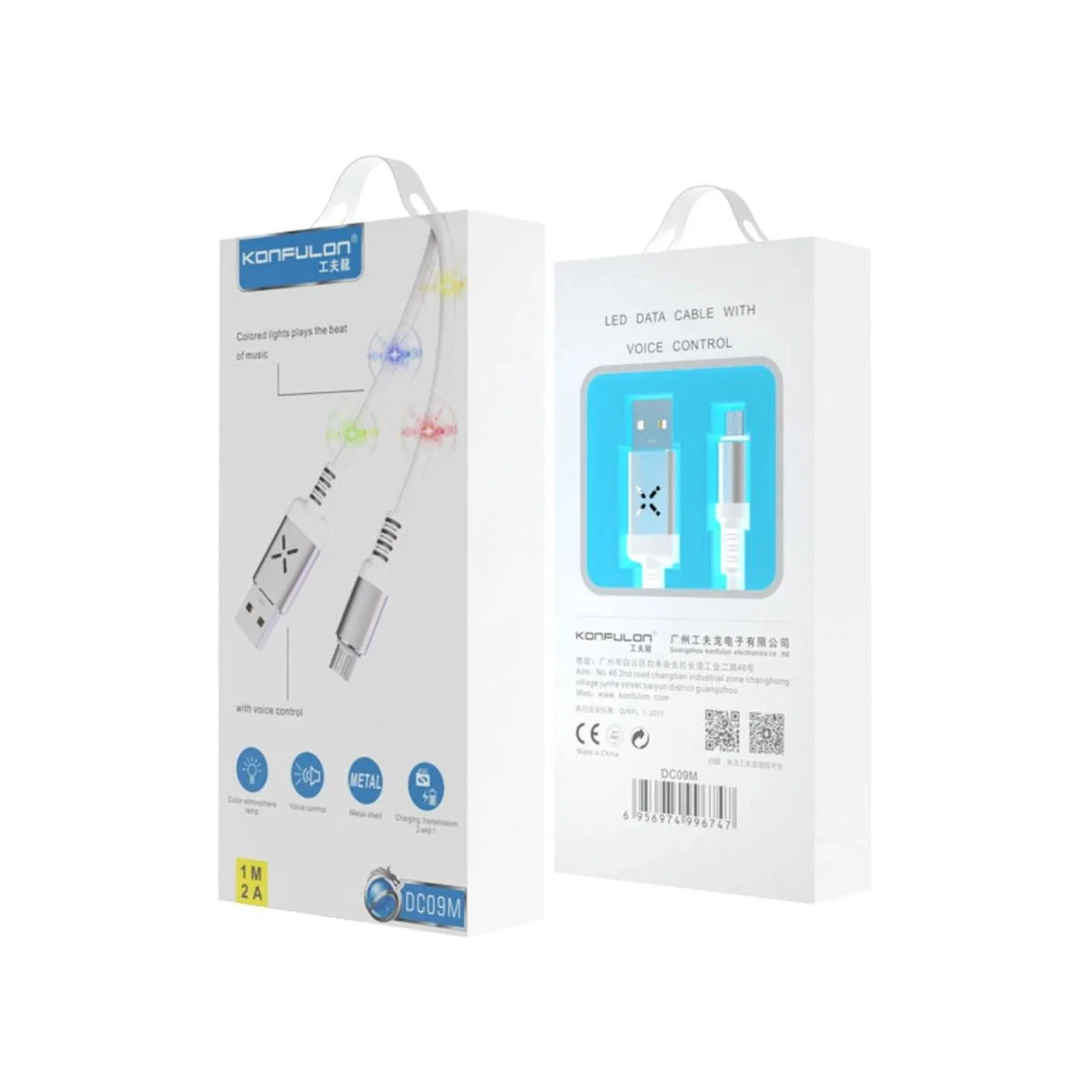 Dc09 Ses Duyarlı Işıklı Micro Usb Kablo 1m 2a - Beyaz görsel 2