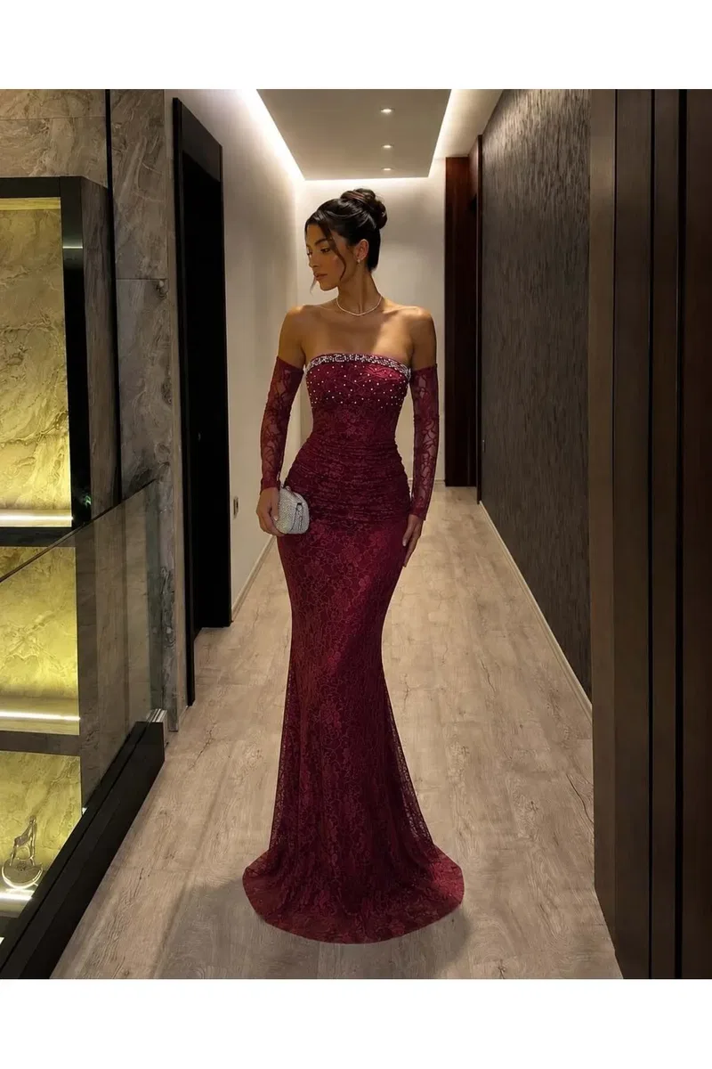 Kadın Vintage Straplez Kolsuz Nakışlı İşlemeli Bodycon Elbise görsel 4