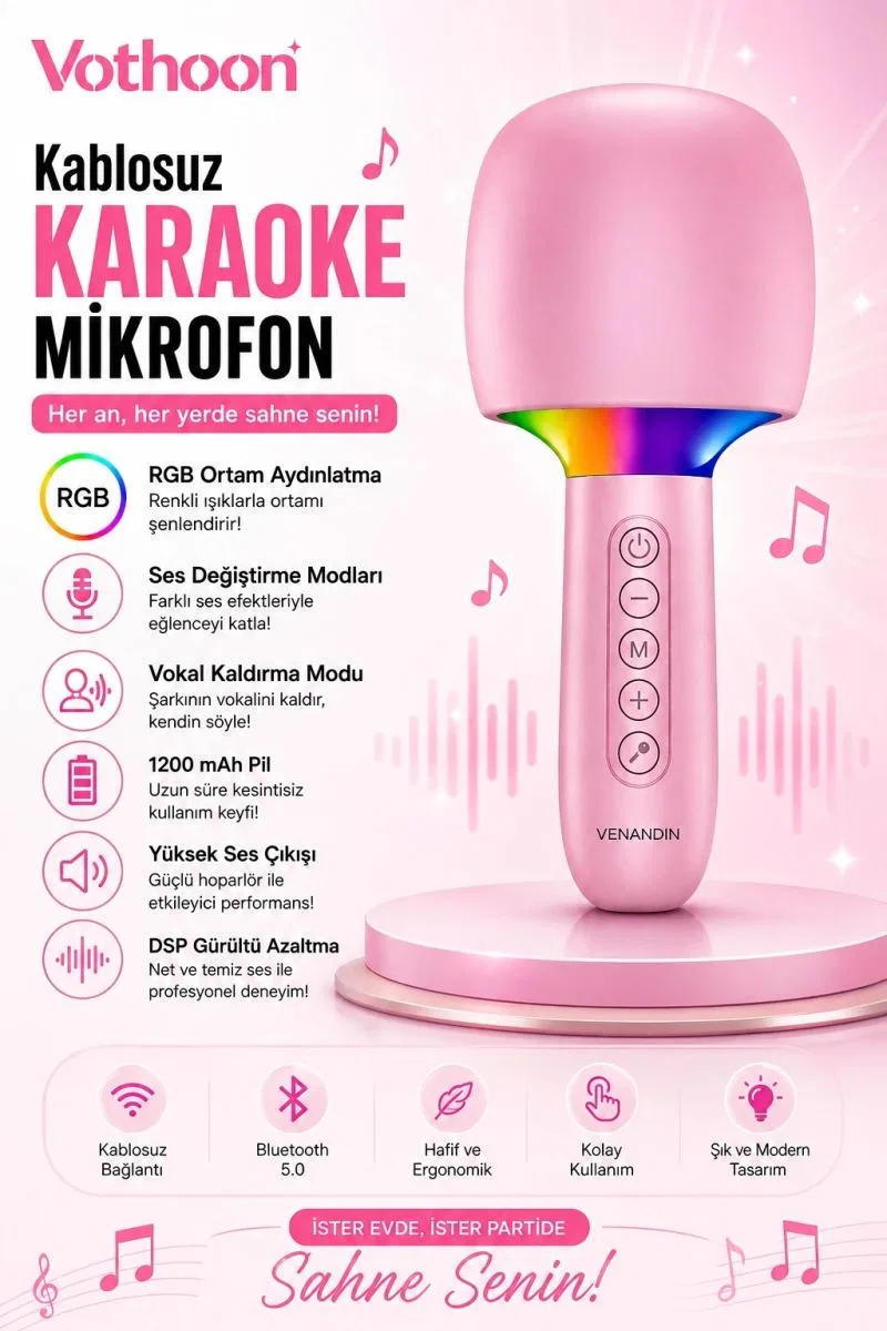 Çocuk Ve Yetişkin Karaoke Mikrofonu Kablosuz Rgb Ambiyans Işığı Ses Değiştirme Modlu Hoparlör görsel 3