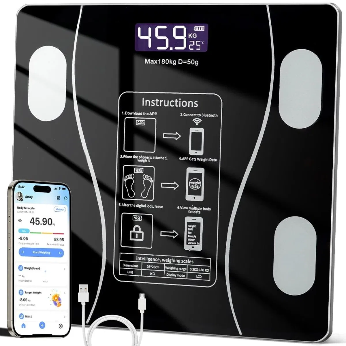 Akıllı Kablosuz Dijital Banyo Ve Vücut Yağ Ağırlık Ölçeği Vücut Kompozisyonu izörü Bluetoothlu Tartı görsel 2