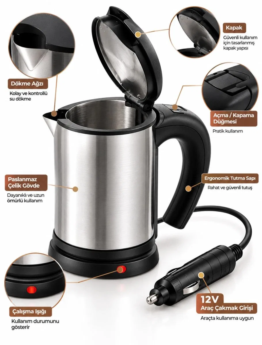 Araç İçi Kullanıma Uygun 12v Elektrikli Su Isıtıcı Paslanmaz Çelik Gövdeli Pratik Kettle görsel 2