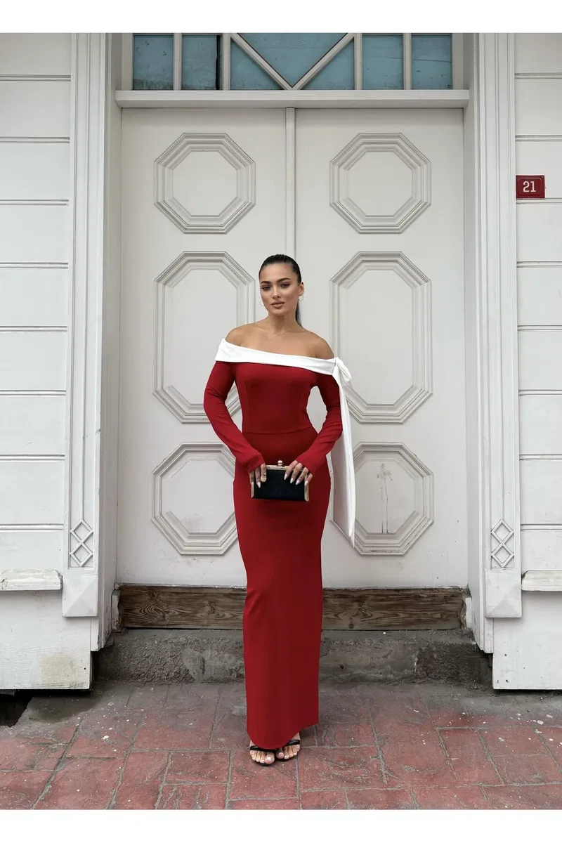 Kadın Tasarım Kayık Yaka Kolsuz Krep Kumaş A Kesim Abiye Elbise görsel 7