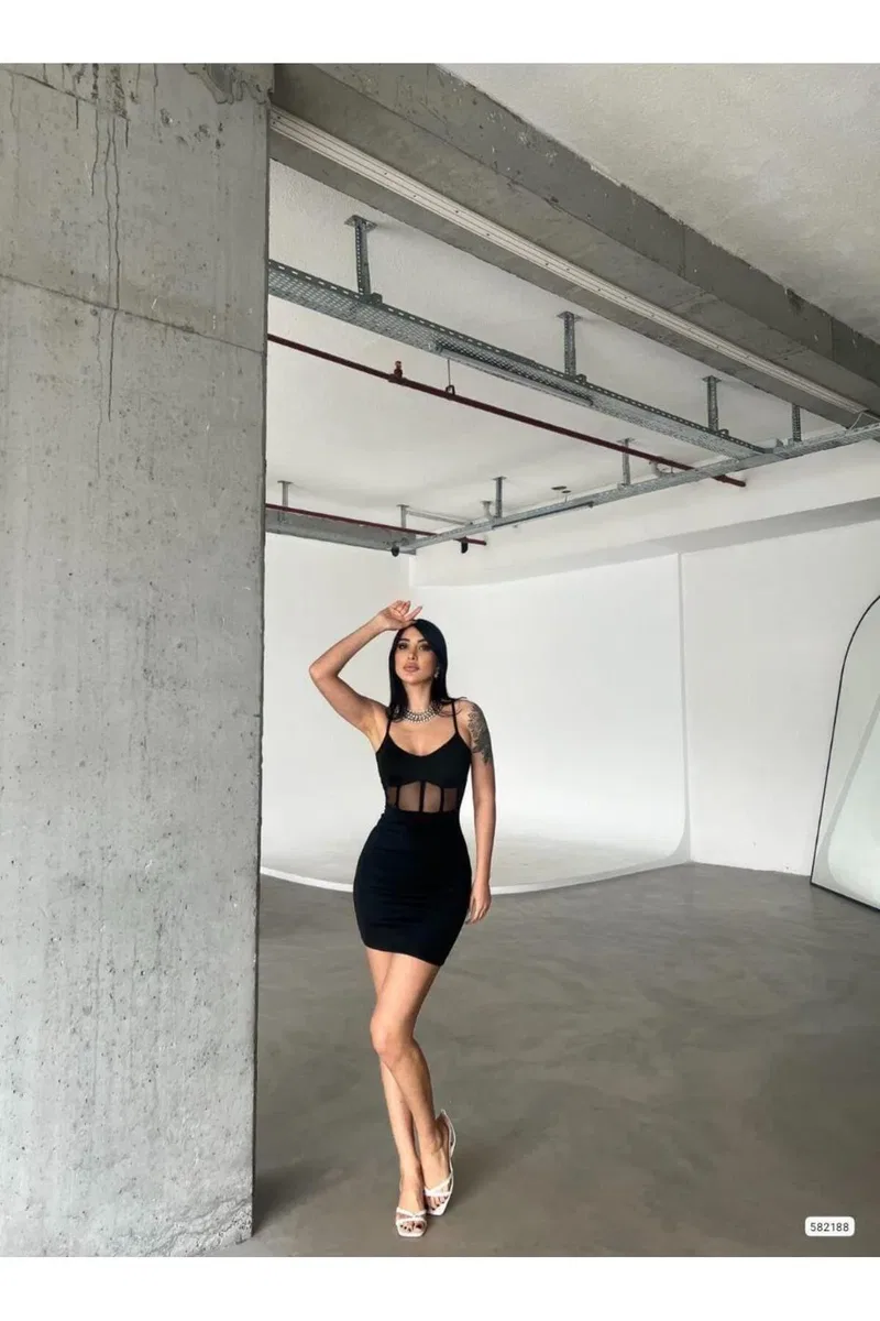 Kadın Tasarım V Yaka Askılı Bodycon Mini Elbise görsel 3
