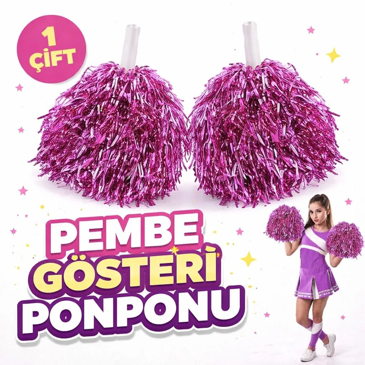 1 Çift ( 2 Adet ) Pembe Renk 23 Nisan 19 Mayıs 29 Ekim Okul Gösteri Ponponları