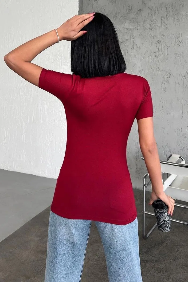 Rahat Ve Şık Kısa Kollu Bisiklet Yaka Likralı Viskon Penye Body Bordo görsel 4