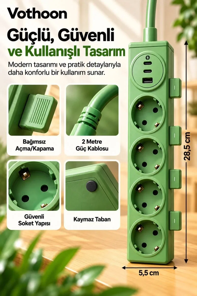 4’lü Akıllı Priz Tek Dokunuşla Fiş Çıkarma 2 Metre Kablo 2 Type-c + Usb 15w Hızlı Şarj 3680w görsel 4