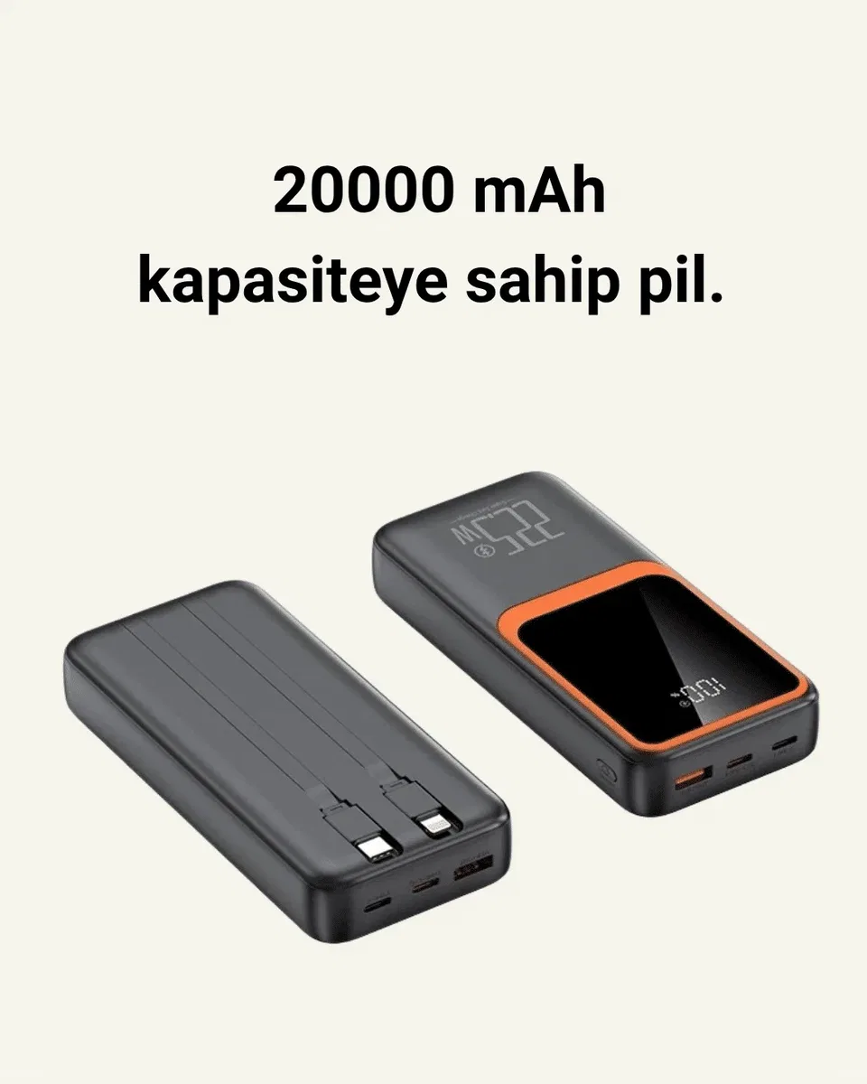 20000 mAh Taşınabilir Powerbank | Çok Kablolu, Hızlı Şarj Destekli (22. 5W) görsel 2