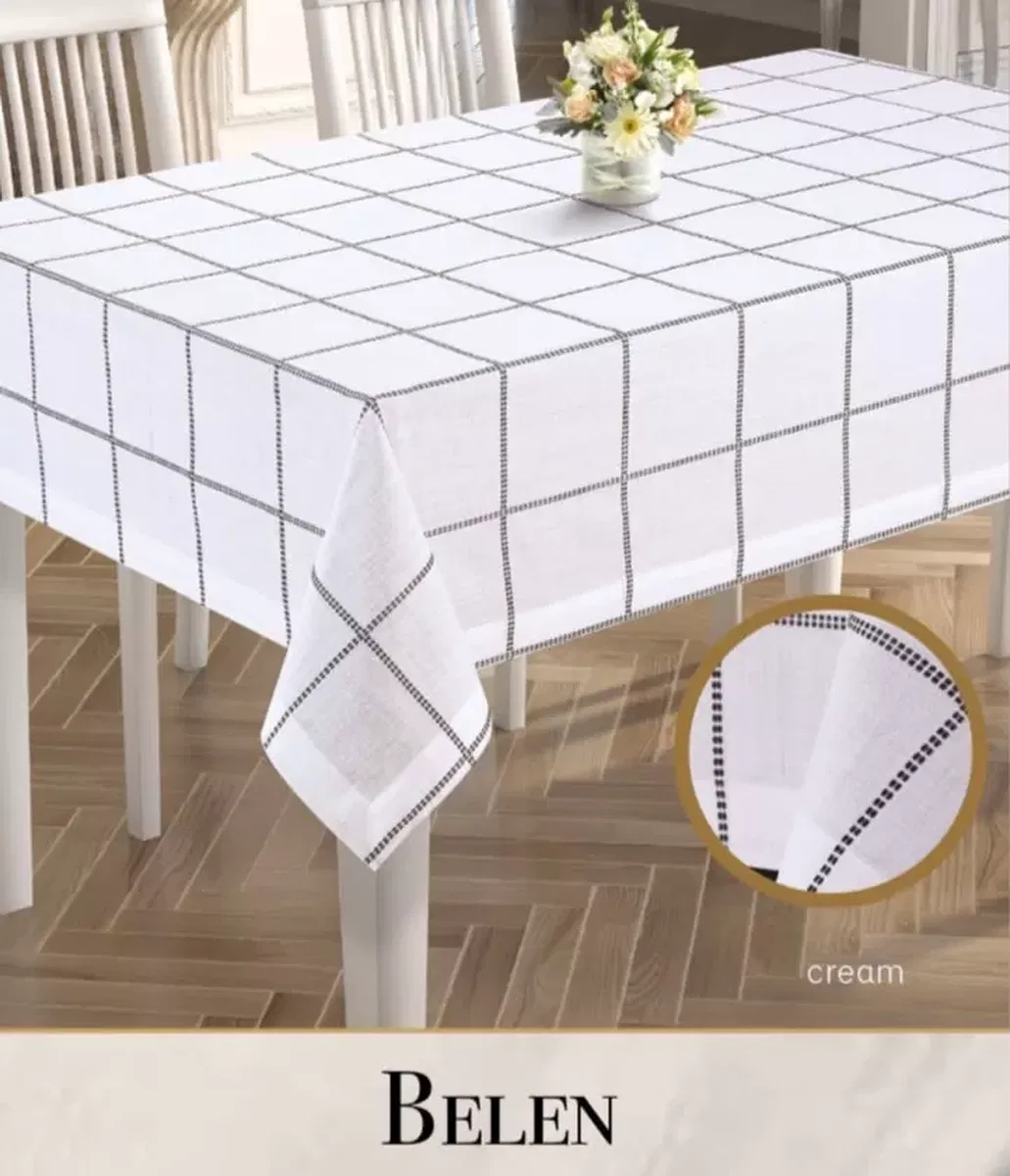 Keten Tek Masa Örtüsü Tablecloth 155x400 cm Yemek Masası Örtüsü Belen Model Krem görsel 4