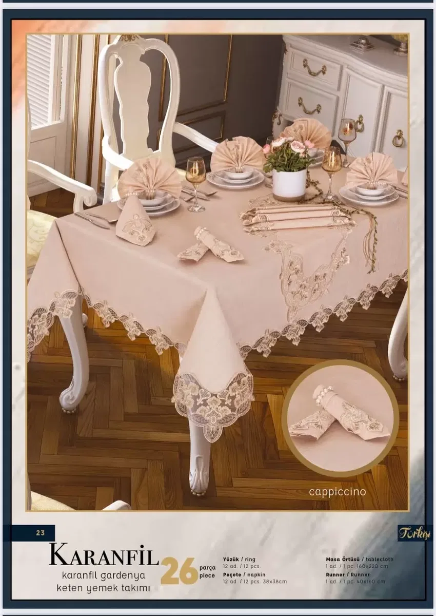 Kapiçino Karanfil Gardenya Keten 12 Kişilik 26 Parça 160 × 220 cm Sofra Takımı görsel 2