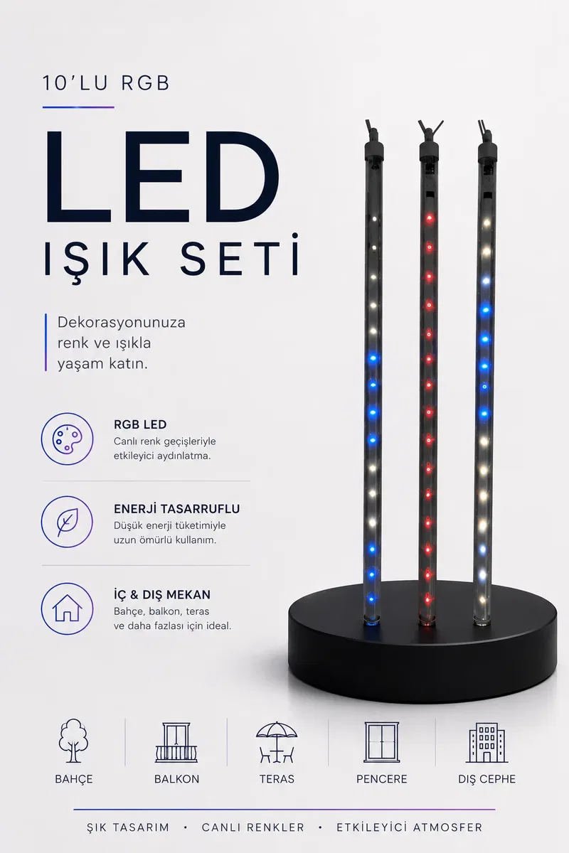 RGB LED Dış Ve İç Mekan Süsleme Işığı 10 Çubuklu Şerit