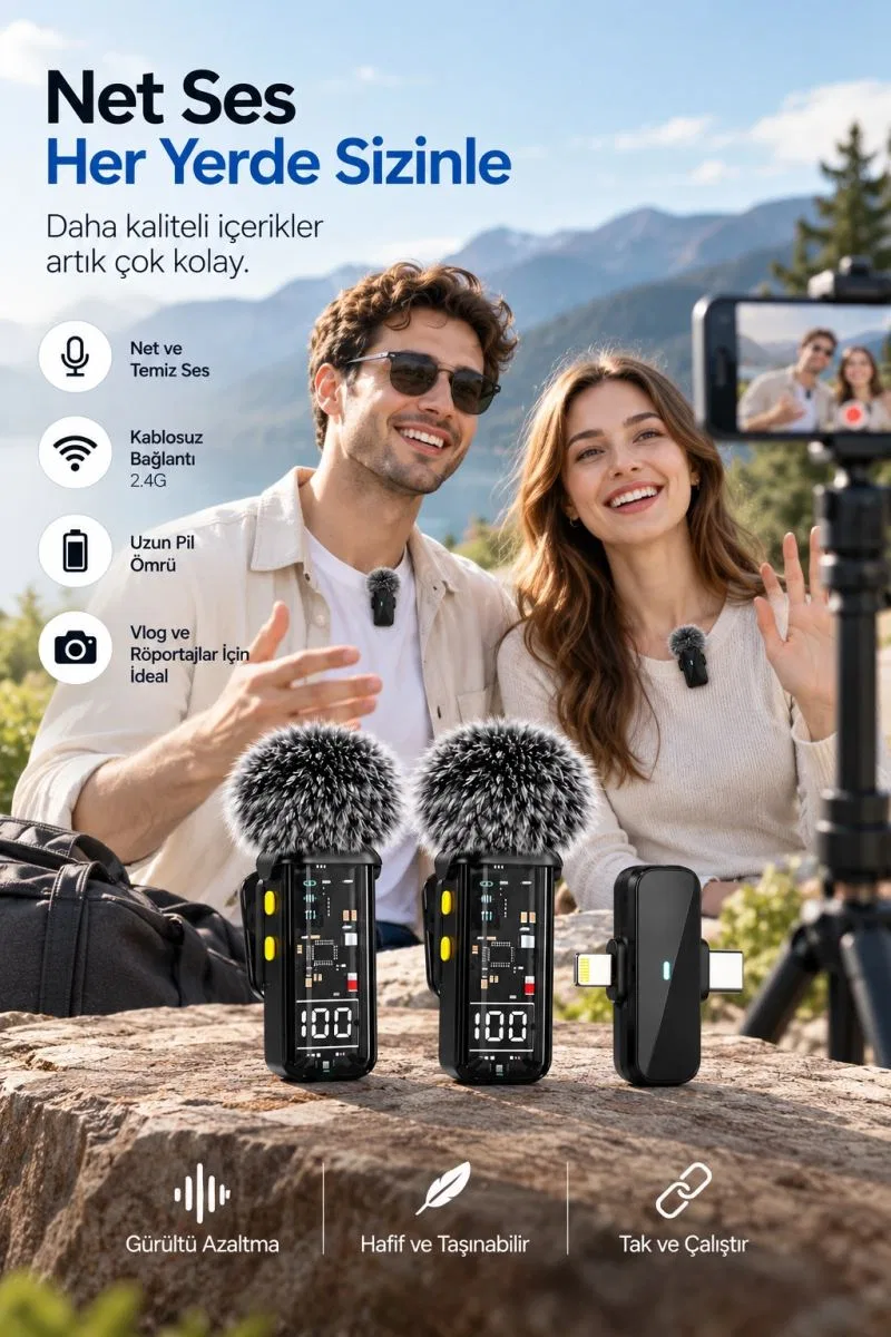 2. 4g Kablosuz Çift Mikrofonlu Yaka Mikrofonu İçerik Üretim Seti