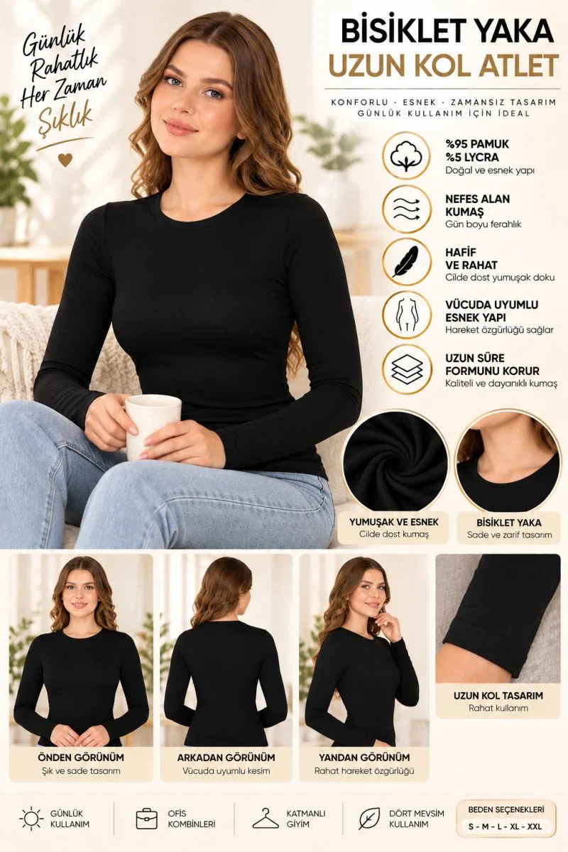 Kadın Bisiklet Yaka Uzun Kol Atlet Siyah, Esnek Kumaş, Vücuda Oturan Basic Body - ryl - 2613 görsel 3