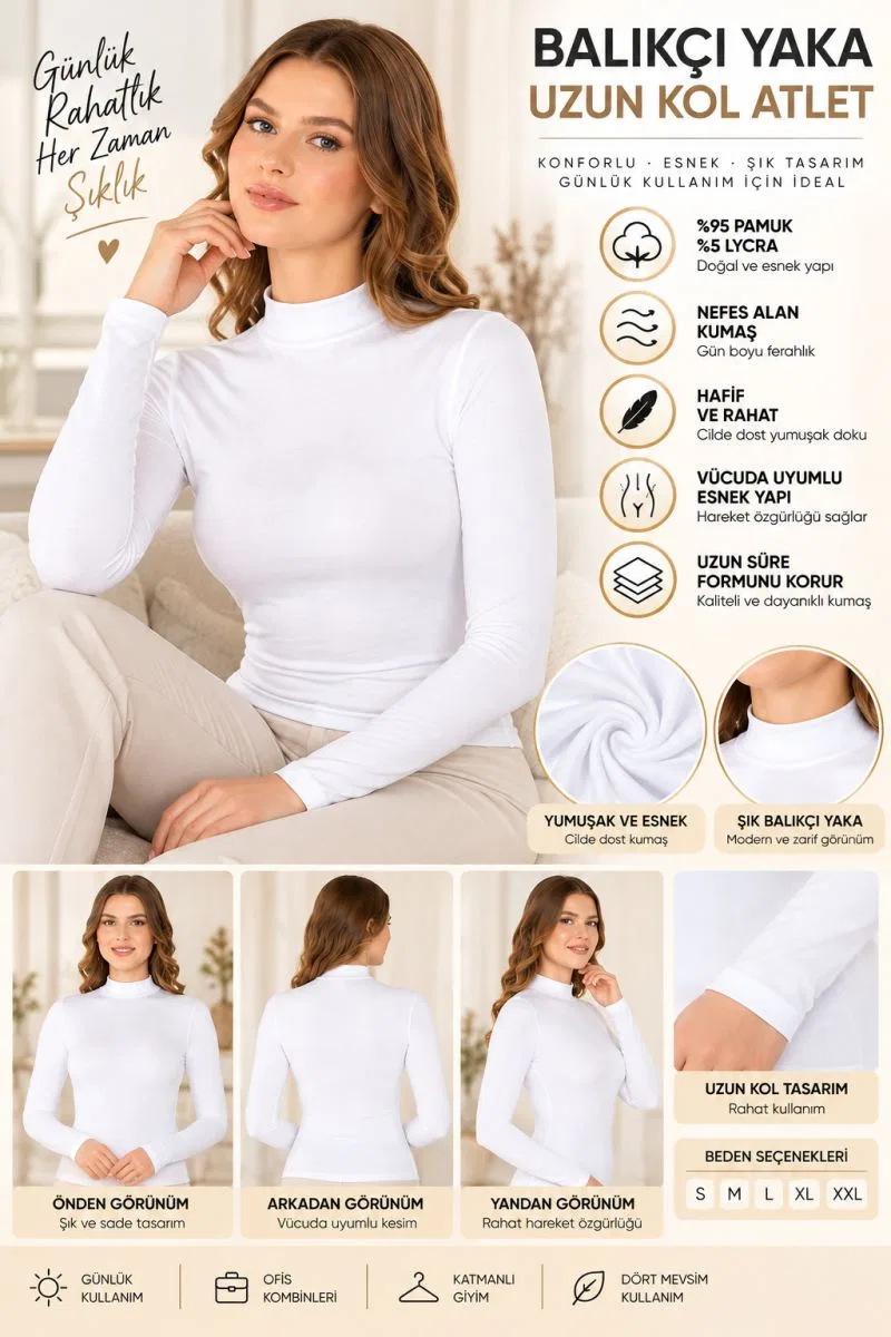 Kadın Balıkçı Yaka Uzun Kol Atlet Beyaz Esnek Kumaş, Vücuda Oturan Basic Body - ryl - 2612 görsel 2